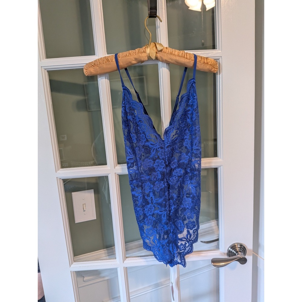 Avidlove Royal Blue Floral Lace Bodysuit V-Neck Strappy Teddy Lingerie Medium NW